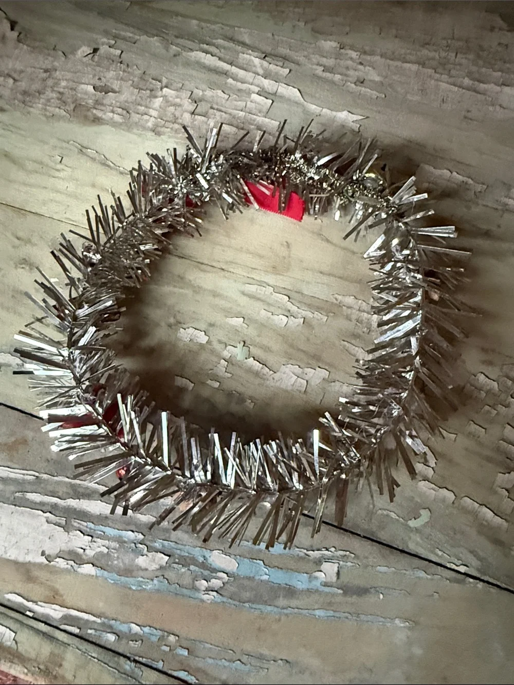 🎄 6” Festive Silver Tinsel Holiday Wreath with Red Bow and Decorative Accents